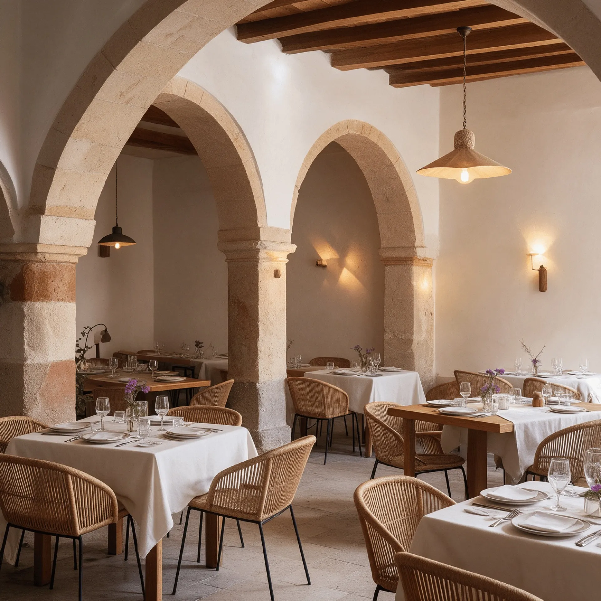 El comedor de Ozio con sus arcos blancos