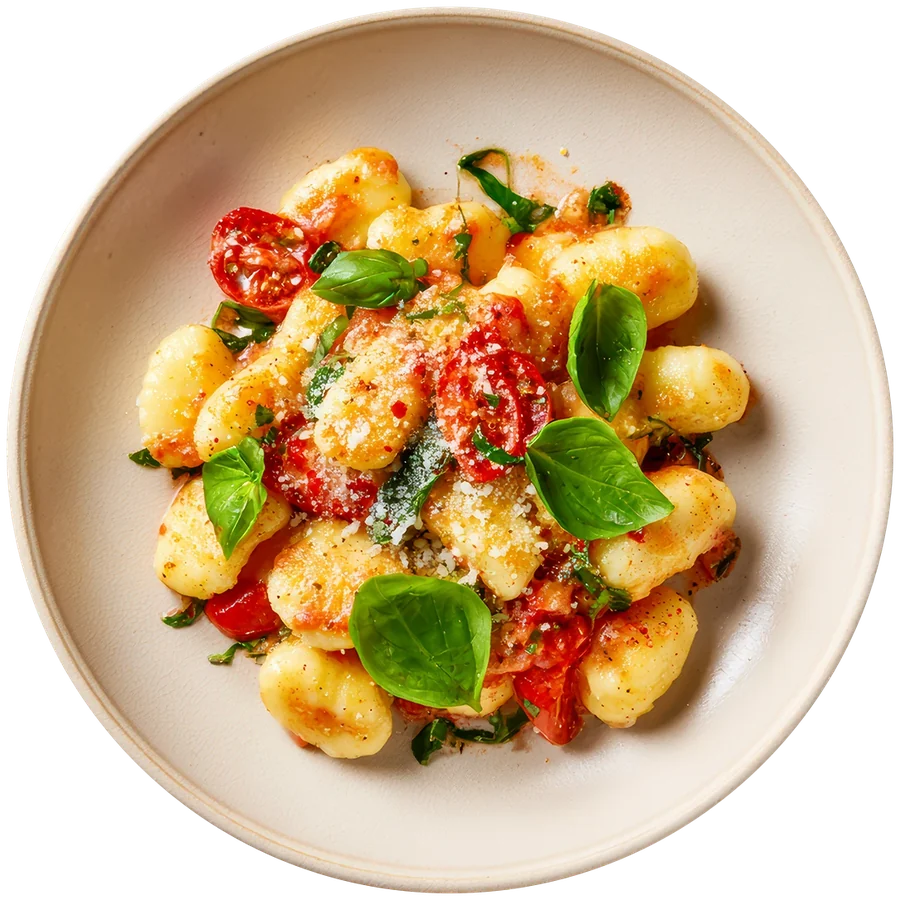 Gnocchi con tomate cherry, albahaca y parmesano