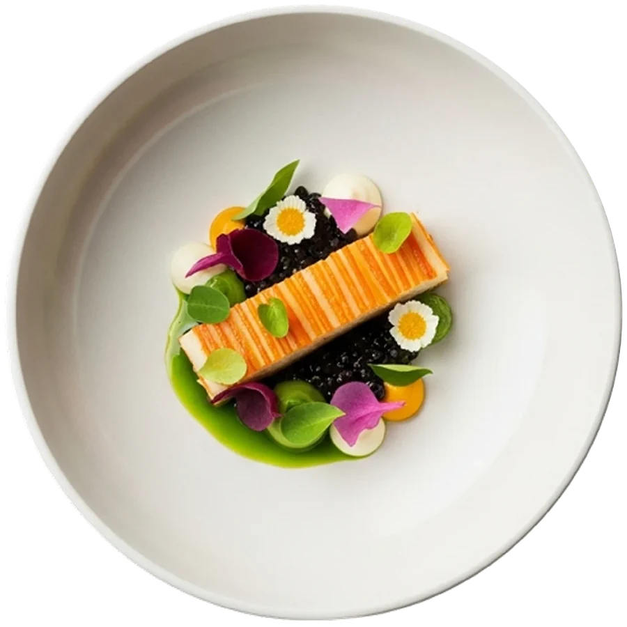 Salmón con caviar, flores y brotes