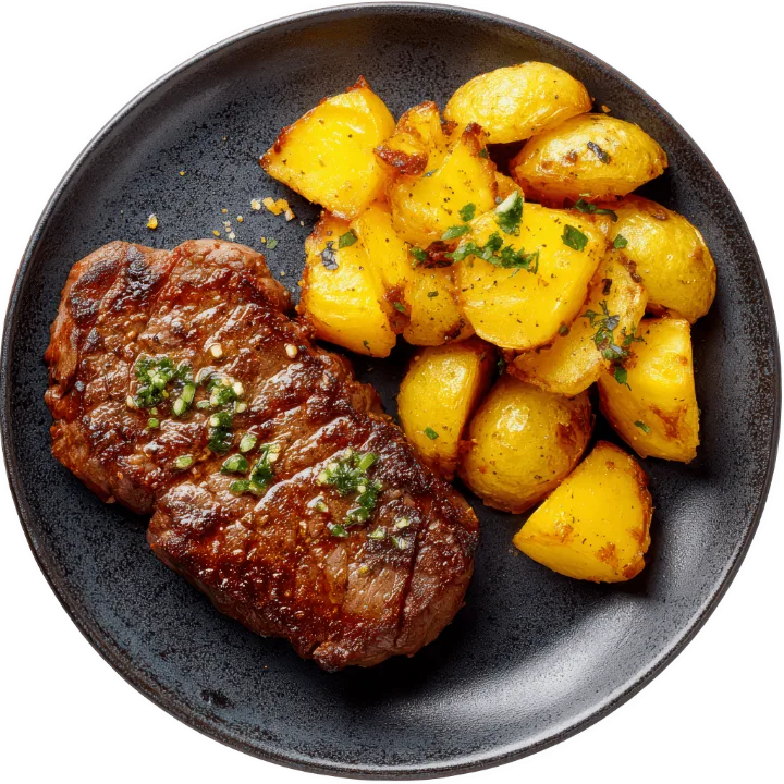 Carne a la brasa con patatas asadas