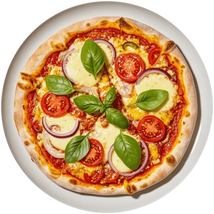 Pizza con tomate, cebolla morada y albahaca
