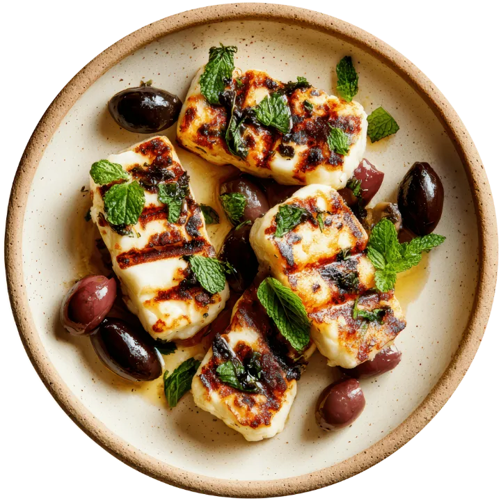 Halloumi a la plancha con aceitunas